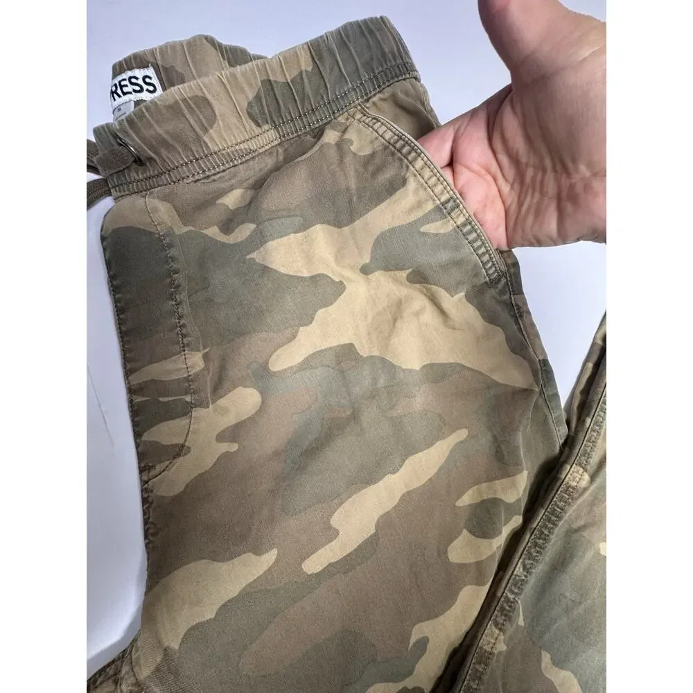 Express Camo Jogger Pants Men’s 36 Green Brown Tan Cotton Twill Drawstring